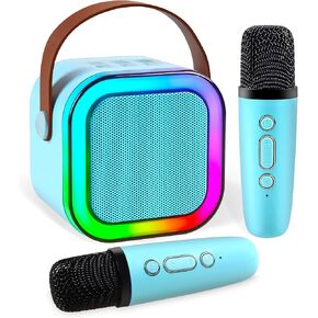 Mini Karaoke Machine for Kids,Portable Bluetooth Speaker with 2 Wireless Microphones for Kids Adults,MP3 Music Player Fun Birthday Gifts for 4-12 Years Teens Colorful Lights Girls Boys (Blue)