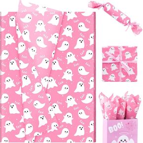 100 Sheets Pink Ghost and Boo Tissue Paper, 20 x 14in Halloween Pink Ghost Print Wrapping Tissue Cute Ghost Art Decorative Tissue for Happy Boo Day Girls Baby Shower Birthday Party Supplies