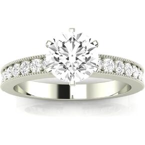 1.4 Carat t.w. 14K White Gold Classic Side Stone Vintage Milgrain Round LAB GROWN Diamond Engagement Ring with a 0.9 Carat D-E Color VS1-VS2 Clarity Center Stone