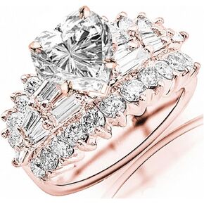 14K White Gold 4 Carat LAB GROWN DIAMOND Exquisite Prong Set Bageutte And Round Heart Cut Diamond Engagement Ring (E-F Color VS2-SI1 Clarity 2 Ct Center)