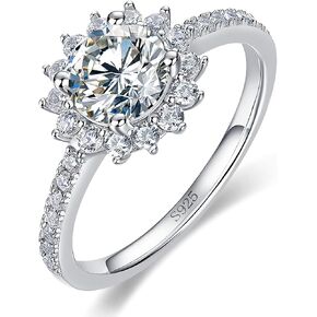 WES 1 Carat Moissanite Rings for Womens Engagement Rings Gift for Her 925 Sterling Silver Rings Halo Engagement Rings for Women with Certificate Sunflower Mossinate Rings for Women
