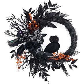 22'' Halloween Wreath for Front Door, Halloween Skull Wreath with Lights, Spooky Halloween Wreaths with Black, Blue, Purple Flowers, Indoor/Covered Outdoor Halloween Props Decoration