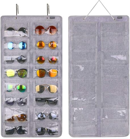 AROUY Sunglasses Organizer Storage, Hanging Dust Proof Wall Pocket Glasses Organizer - 16 Felt Slots Sunglass Organizer Holder with Metal Hook and Sturdy Rope (Gray, Dust Proof) in Kuwait