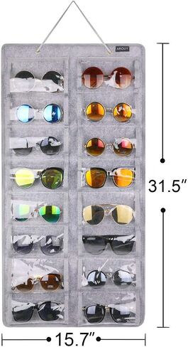 AROUY Sunglasses Organizer Storage, Hanging Dust Proof Wall Pocket Glasses Organizer - 16 Felt Slots Sunglass Organizer Holder with Metal Hook and Sturdy Rope (Gray, Dust Proof) in Kuwait