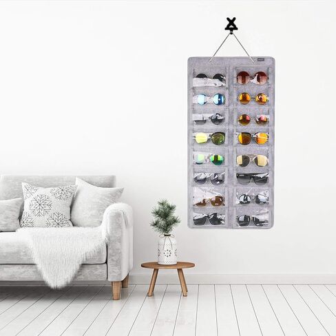 AROUY Sunglasses Organizer Storage, Hanging Dust Proof Wall Pocket Glasses Organizer - 16 Felt Slots Sunglass Organizer Holder with Metal Hook and Sturdy Rope (Gray, Dust Proof) in Kuwait