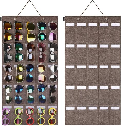 AROUY Sunglasses Organizer Storage, Hanging Dust Proof Wall Pocket Glasses Organizer - 16 Felt Slots Sunglass Organizer Holder with Metal Hook and Sturdy Rope (Gray, Dust Proof) in Kuwait