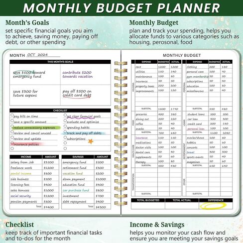 Undated Monthly Budget Planner - 12 Month Budget Book With Expense & Bill Tracker, Money Budgeting Notebook To Effectively Manage Your Finances - Green in Saudi Arabia
