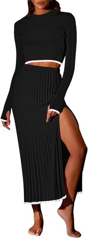 Pink Queen 2 Piece Skirt Outfits for Women Knit Sweater Crop Top Bodycon Party Cocktail Fall Blazer Dresses in Kuwait