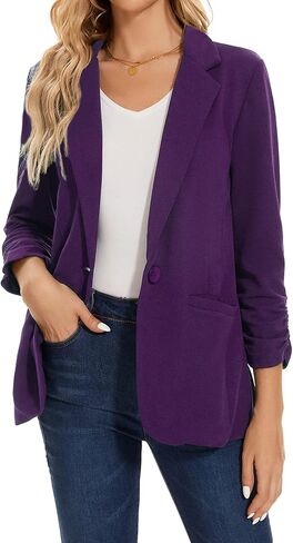 MINTLIMIT Women's Casual Blazer 3/4 Ruched Sleeve Open Front Button Work Office Blazer Jackets with Pockets in Saudi Arabia