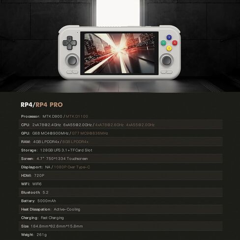 وحدة تحكم محمولة باليد Retroid Pocket 4/4Pro Retro Game، وحدة تحكم ألعاب Android Retro متعددة المحاكيات، وحدة تحكم محمولة 4.7 بوصة، بطارية 5000 مللي أمبير في الساعة، وحدة تحكم ألعاب كلاسيكية (RP4 Pro، 16Bit، D1100) in Saudi Arabia