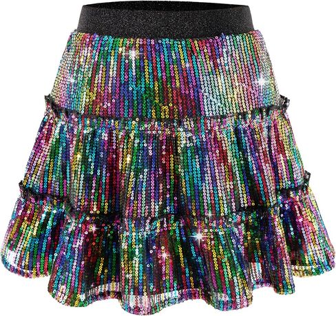 Rolanko Girls Sequin Skirt Kids Elastic Waist A-Line Sparkly Ruffle Skirt with Lining for Party Dance in Saudi Arabia