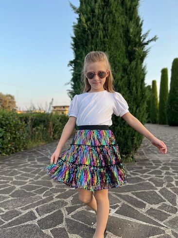 Rolanko Girls Sequin Skirt Kids Elastic Waist A-Line Sparkly Ruffle Skirt with Lining for Party Dance in Saudi Arabia