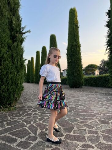 Rolanko Girls Sequin Skirt Kids Elastic Waist A-Line Sparkly Ruffle Skirt with Lining for Party Dance in Saudi Arabia