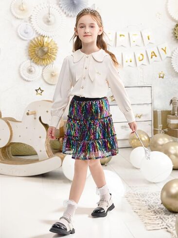 Rolanko Girls Sequin Skirt Kids Elastic Waist A-Line Sparkly Ruffle Skirt with Lining for Party Dance in Saudi Arabia