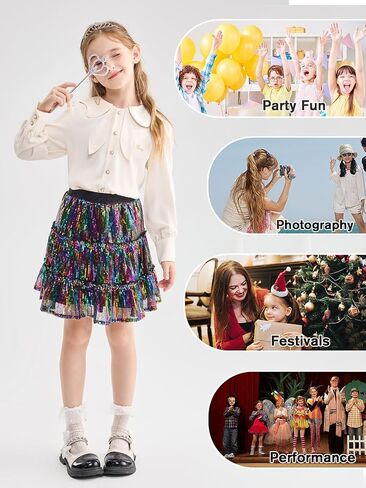 Rolanko Girls Sequin Skirt Kids Elastic Waist A-Line Sparkly Ruffle Skirt with Lining for Party Dance in Saudi Arabia