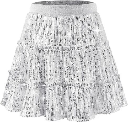 Rolanko Girls Sequin Skirt Kids Elastic Waist A-Line Sparkly Ruffle Skirt with Lining for Party Dance in Kuwait