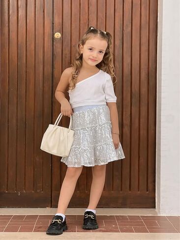 Rolanko Girls Sequin Skirt Kids Elastic Waist A-Line Sparkly Ruffle Skirt with Lining for Party Dance in Kuwait