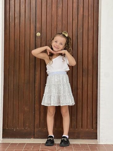 Rolanko Girls Sequin Skirt Kids Elastic Waist A-Line Sparkly Ruffle Skirt with Lining for Party Dance in Kuwait