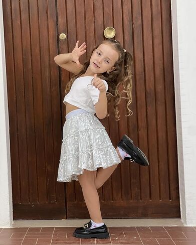 Rolanko Girls Sequin Skirt Kids Elastic Waist A-Line Sparkly Ruffle Skirt with Lining for Party Dance in Kuwait