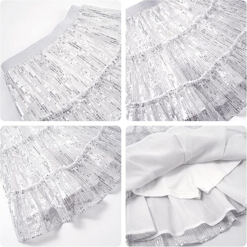 Rolanko Girls Sequin Skirt Kids Elastic Waist A-Line Sparkly Ruffle Skirt with Lining for Party Dance in Kuwait