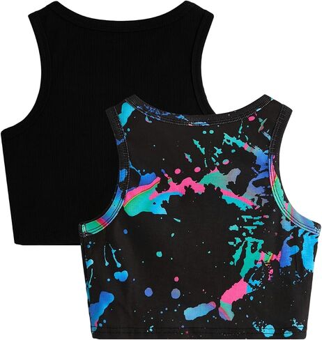 Milumia Girl's 2 Pack Ink Splatter Print Knit Round Neck Casual Crop Tank Top in Saudi Arabia