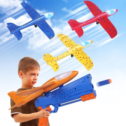 3 Pack Airplane Launcher Toys, LED Foam Glider Catapult Plane Toy for Boys with 2 Flight Modes DIY Stickers Outdoor Sport Flying Toys Birthday Gifts for Girls Boys 4 5 6 7 8 9 10 11 12 Year Old in Saudi Arabia
