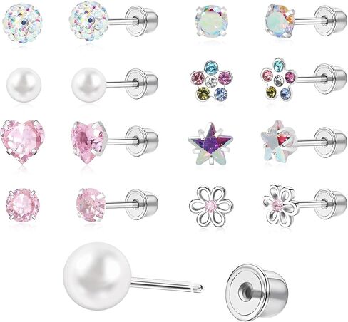 Toddler Earrings Push-in Threadless Flat Back Earrings for Girls Women Hypoallergenic Titanium Cartilage Earring for Sensitive Ears Cute Pearl Pink Heart Flower Star Cubic Zirconia Studs Earrings Set in Kuwait
