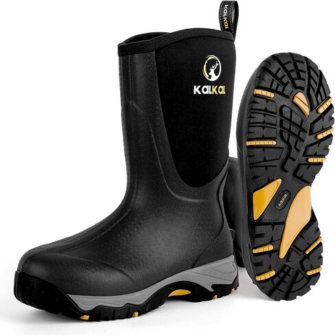 Kalkal Rubber Boots for Men, Waterproof Mid Calf Rain Boots with Comfortable Sports Outsole, 6mm Neoprene Insulated Rubber Work Boots - Garden Farm Mud Boots (Size 7-14) in Saudi Arabia