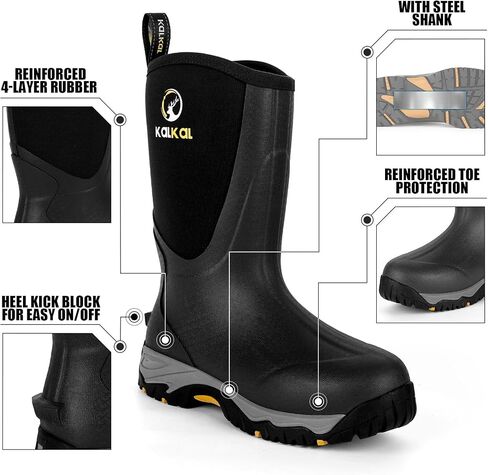 Kalkal Rubber Boots for Men, Waterproof Mid Calf Rain Boots with Comfortable Sports Outsole, 6mm Neoprene Insulated Rubber Work Boots - Garden Farm Mud Boots (Size 7-14) in Saudi Arabia