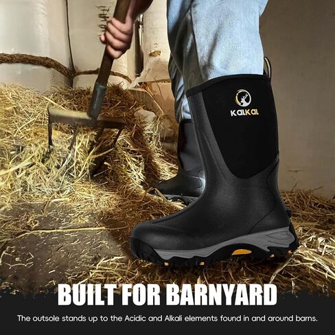 Kalkal Rubber Boots for Men, Waterproof Mid Calf Rain Boots with Comfortable Sports Outsole, 6mm Neoprene Insulated Rubber Work Boots - Garden Farm Mud Boots (Size 7-14) in Saudi Arabia
