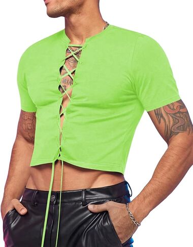 GORGLITTER Men's Lace Up Crop Top Short Sleeve Cropped T Shirt Casual Hot Shirt in Saudi Arabia