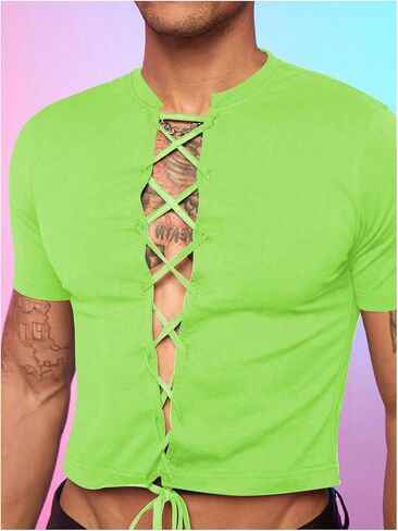 GORGLITTER Men's Lace Up Crop Top Short Sleeve Cropped T Shirt Casual Hot Shirt in Saudi Arabia