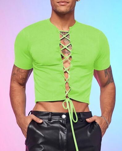 GORGLITTER Men's Lace Up Crop Top Short Sleeve Cropped T Shirt Casual Hot Shirt in Saudi Arabia
