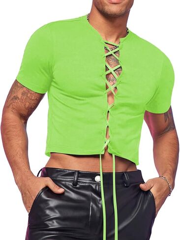 GORGLITTER Men's Lace Up Crop Top Short Sleeve Cropped T Shirt Casual Hot Shirt in Saudi Arabia