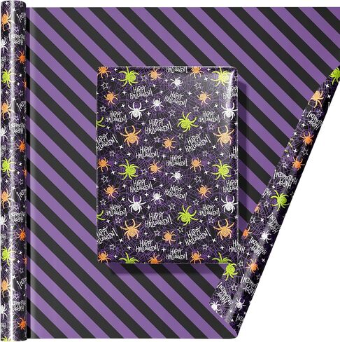 LDGOOAEL Halloween Mini Wrapping Paper Roll - Reversible Design (17 Inches X 32.8 Feet) - Fluorescent colored spiders & purple twill stripe in Kuwait