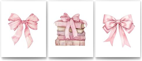 JWVK Coquette Preppy Pink Bow Girly Books Wall Art Prints مجموعة من 3، هدايا لمحبي الكتب، ديكور غرفة Coquette، ديكور غرفة Preppy، ملصقات كتب وردية عصرية للسكن في غرفة نوم الفتيات، 8x10 غير مؤطرة in Kuwait