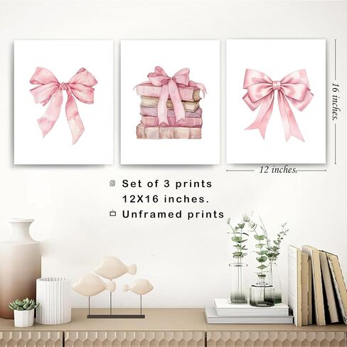 JWVK Coquette Preppy Pink Bow Girly Books Wall Art Prints مجموعة من 3، هدايا لمحبي الكتب، ديكور غرفة Coquette، ديكور غرفة Preppy، ملصقات كتب وردية عصرية للسكن في غرفة نوم الفتيات، 8x10 غير مؤطرة in Kuwait