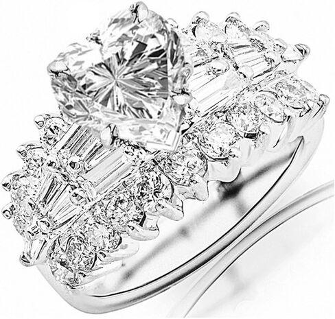 14K White Gold 4 Carat LAB GROWN DIAMOND Exquisite Prong Set Bageutte And Round Heart Cut Diamond Engagement Ring (E-F Color VS2-SI1 Clarity 2 Ct Center) in Saudi Arabia