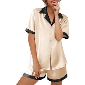 Ekouaer Womens Silk Satin Pajamas Set Button Down Short Sleeve Lounge Set 2 Piece Notch Collar Sleepwear Sets Soft Pjs S-XXL