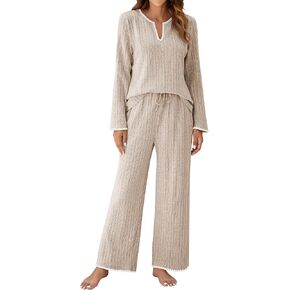 Blooming Jelly Womens 2 Piece Pajama Sets Fall Ribbed Color Block Lounge Set Fleece Long Sleeve Pj Sleepwear Pockets