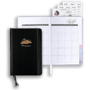 Daydream Undated Planner – A5 Vegan Leather 12-Month Organizer in Black with Rose Gold Embossing, Monthly Tabs, Stickers, and Habit Tracker 5.8 x 8.3 inches
