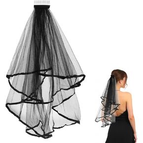 Black Veil Brides Wedding Veil Lace Short Black Bridal Veil Black Veils for Women Ribbon Edge With Comb for Brides Bachelorette Hen Party