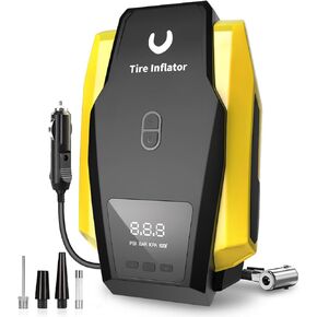 Tire Inflator Portable Air Compressor - Air Pump for Car Tires - 12V DC Compact Tire Pump with Auto Shutoff Function - Multipurpose Car Accessory with LED Light, Yellow, Large