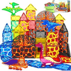 Dinosaur Toys Magnetic Tiles Lava Dinosaur World Set - Magnetic Blocks Building Toys for Kids 3-5 5-7 Girls Boys Toys Age 4-6 6-8, Classroom Must Haves Toddler Sensory Toys for 3+ Year Old Kids Toys