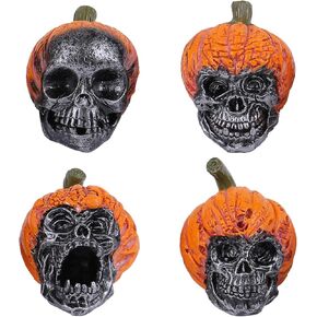 Halloween Pumpkin Skull Heads Decorations 4 Pcs,Realistic Skeleton Head Resin Ornament,Pumpkin Skull Halloween Table Decor,Skull for Halloween Outdoor Bar Indoor Party Home Garden Decorations