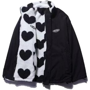 Sumleno Women's Fleece Sherpa Jackets Reversible Kawaii Heart Print Fuzzy Zip Up Cutecore Coats Aesthetic Y2k Gyaru Clothes