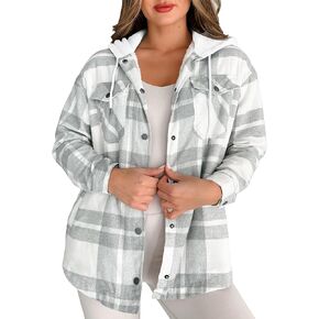 Merryfun Womens 2024 Plaid Shacket Jacket Sherpa Fleece Lined Oversized Button Up Hooded Warm Outwear Coats with Pockets