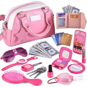 Play Purse for Little Girls, Kids Purse with Pretend Makeup for Toddlers, Princess Pretend Play Toys with Handbag, Phone,Watch,Birthday Gift for Age 3 4 5 6 7 8