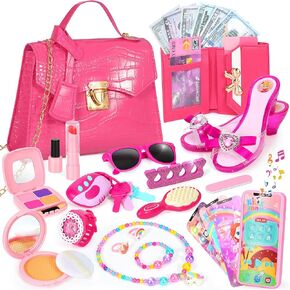 Little Girl Purse, Toddler Purse with Pretend Makeup Set, Hagpo Kids Play Purse Toys with Handbag, Heels, Princess Jewelry, Birthday Toys for Girls Ages 3 4 5 6
