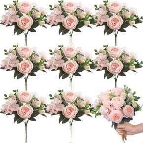 8 Pack Artificial Peony Flowers Faux Flowers Silk Hydrangea Bouquet Vintage Wedding Home Table Decor Reusable Bouquet of Rose Flower for Mother's Day Wedding (Bean Paste Pink,Elegant)